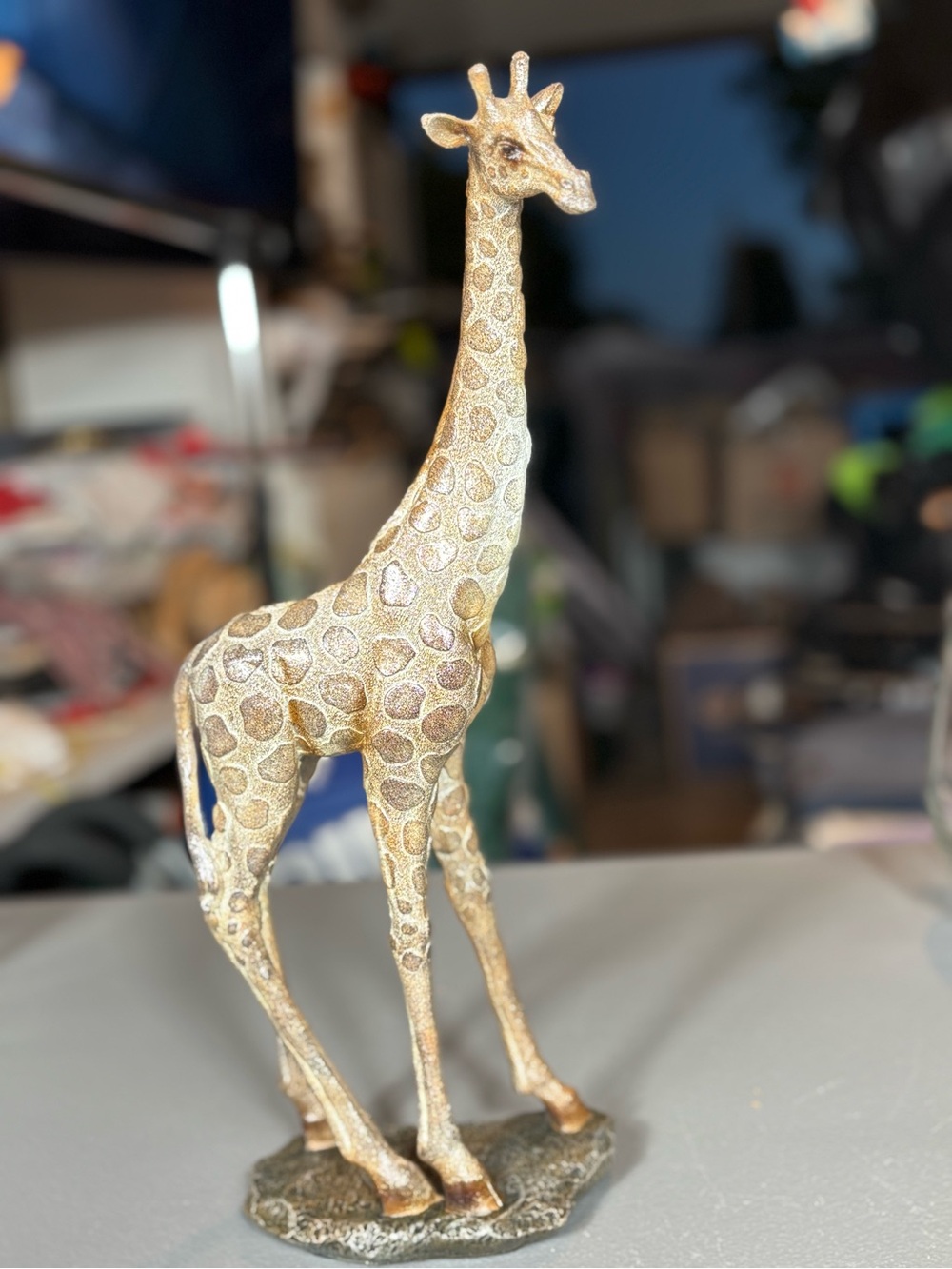Gold Bronze-Tone Giraffe Figurine 14.5in Tall Textured Safari Animal Decor